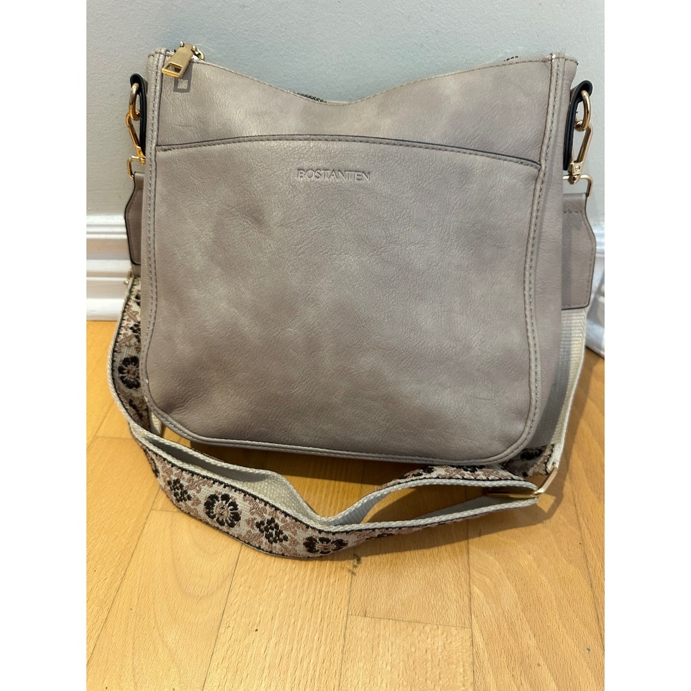 Bostanten Gray Vegan Leather Crossbody Bag Floral Guitar Strap Gold Hardware